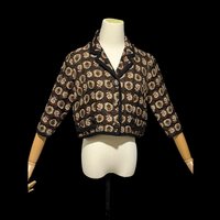 GLORIA SARANSON vintage evening jacket, 1950s cropped top, bolero shrug dinner coat, Black brown floral tapestry, 38 bust