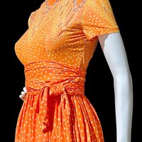 SARMI New York, Vintage Maxi dress, Op Art slinky knit party dress, Orange yellow purple border print gown