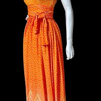 SARMI New York, Vintage Maxi dress, Op Art slinky knit party dress, Orange yellow purple border print gown