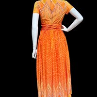 SARMI New York, Vintage Maxi dress, Op Art slinky knit party dress, Orange yellow purple border print gown