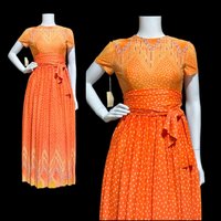 SARMI New York, Vintage Maxi dress, Op Art slinky knit party dress, Orange yellow purple border print gown