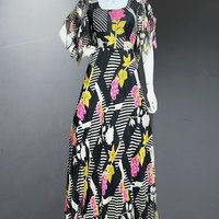 PURPLE PUSSYCAT 1970s vintage maxi dress, sheer black and pink silk rose print maxi dress, flutter sleeves, 34 bust