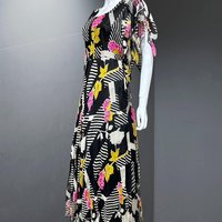 PURPLE PUSSYCAT 1970s vintage maxi dress, sheer black and pink silk rose print maxi dress, flutter sleeves, 34 bust