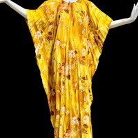 1970s Vintage caftan kaftan dress, Sunny golden yellow accordion pleated floral party hostess gown, one size