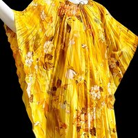 1970s Vintage caftan kaftan dress, Sunny golden yellow accordion pleated floral party hostess gown, one size