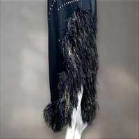 1970s vintage evening gown, Black bodycon one shoulder sheath gown, Thigh high slit with Ostrich Feathers