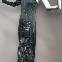 1970s vintage evening gown, Black bodycon one shoulder sheath gown, Thigh high slit with Ostrich Feathers