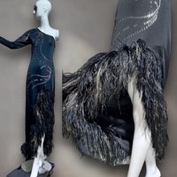 1970s vintage evening gown, Black bodycon one shoulder sheath gown, Thigh high slit with Ostrich Feathers