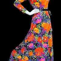 MARVELLA SCREEN PRINT 1970s vintage maxi dress, Bold floral psychedelic flower power jersey knit gown