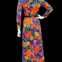 MARVELLA SCREEN PRINT 1970s vintage maxi dress, Bold floral psychedelic flower power jersey knit gown