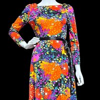 MARVELLA SCREEN PRINT 1970s vintage maxi dress, Bold floral psychedelic flower power jersey knit gown