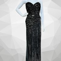 TADASHI 1980s vintage evening gown, prom party dress, all over black sequin, strapless ruched bodice