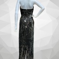 TADASHI 1980s vintage evening gown, prom party dress, all over black sequin, strapless ruched bodice