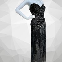 TADASHI 1980s vintage evening gown, prom party dress, all over black sequin, strapless ruched bodice