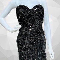 TADASHI 1980s vintage evening gown, prom party dress, all over black sequin, strapless ruched bodice