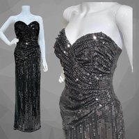 TADASHI 1980s vintage evening gown, prom party dress, all over black sequin, strapless ruched bodice