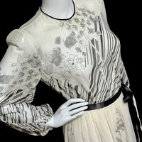 MOLLIE PARNIS by Morty Sussman, 1970s vintage evening dress, chiffon black and white floral poly chiffon gown