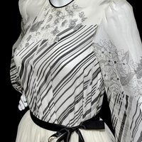 MOLLIE PARNIS by Morty Sussman, 1970s vintage evening dress, chiffon black and white floral poly chiffon gown