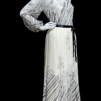 MOLLIE PARNIS by Morty Sussman, 1970s vintage evening dress, chiffon black and white floral poly chiffon gown