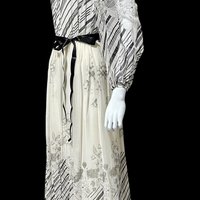 MOLLIE PARNIS by Morty Sussman, 1970s vintage evening dress, chiffon black and white floral poly chiffon gown