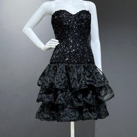 TRACY MILLS 1980s vintage prom dress, Black strapless sequin cocktail dress, dropped waist tiered ruffles evening dress, 34 bust