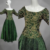 TERENCE NOLDER 1980s vintage evening dress ball gown, Deep green and gold