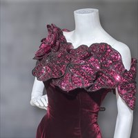 EUGENE ALEXANDER 1980s vintage evening gown, burgundy velvet sheath with HUGE Sequin Flowers