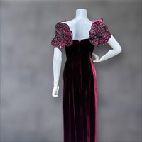 EUGENE ALEXANDER 1980s vintage evening gown, burgundy velvet sheath with HUGE Sequin Flowers