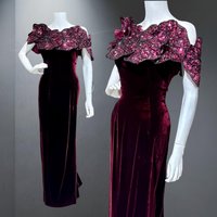 EUGENE ALEXANDER 1980s vintage evening gown, burgundy velvet sheath with HUGE Sequin Flowers