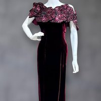 EUGENE ALEXANDER 1980s vintage evening gown, burgundy velvet sheath prom party cocktail dress, HUGE Sequin Flowers, off shoulders