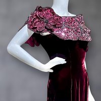 EUGENE ALEXANDER 1980s vintage evening gown, burgundy velvet sheath with HUGE Sequin Flowers