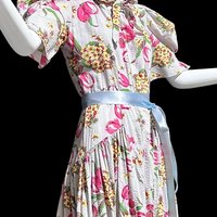 1940s vintage waffled cotton floral day dress, blue pink yellow green tulips and hydrangeas