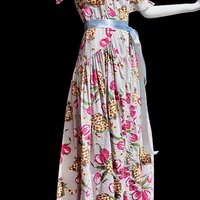 1940s vintage waffled cotton floral day dress, blue pink yellow green tulips and hydrangeas