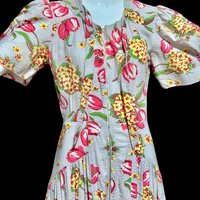 1940s vintage waffled cotton floral day dress, blue pink yellow green tulips and hydrangeas