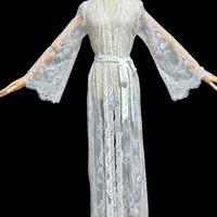 JONQUIL sheer white lace robe, see through feather weight white dressing gown, Wrap front with bell sleeves