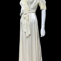 1940s vintage dressing gown, shiny silky white satin and yellow embroidery peignoir housecoat