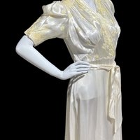 1940s vintage dressing gown, shiny silky white satin and yellow embroidery peignoir housecoat