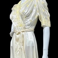 1940s vintage dressing gown, shiny silky white satin and yellow embroidery peignoir housecoat