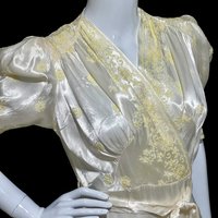 1940s vintage dressing gown, shiny silky white satin and yellow embroidery peignoir housecoat