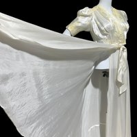 1940s vintage dressing gown, shiny silky white satin and yellow embroidery peignoir housecoat