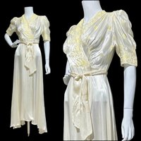 1940s vintage dressing gown, shiny silky white satin and yellow embroidery peignoir housecoat