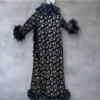 FREDERICK'S of HOLLYWOOD vintage Peignoir nightgown robe set, Black velvet gold roses and FEATHERS