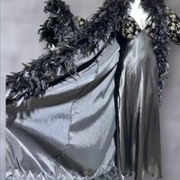 FREDERICK'S of HOLLYWOOD vintage Peignoir nightgown robe set, Black velvet gold roses and FEATHERS