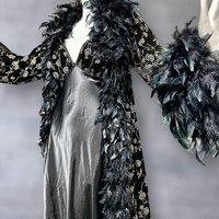 FREDERICK'S of HOLLYWOOD vintage Peignoir nightgown robe set, Black velvet gold roses and FEATHERS