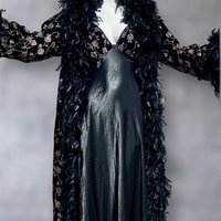 FREDERICK'S of HOLLYWOOD vintage Peignoir nightgown robe set, Black velvet gold roses and FEATHERS