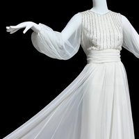 JACK BRYAN vintage evening dress, white chiffon beads and sequins, long sheer puffed sleeves, Palm Royale