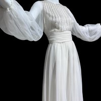 JACK BRYAN vintage evening dress, white chiffon beads and sequins, long sheer puffed sleeves, Palm Royale