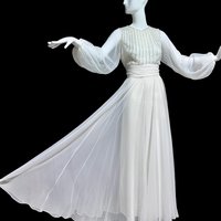 JACK BRYAN vintage evening dress, white chiffon beads and sequins, long sheer puffed sleeves, Palm Royale