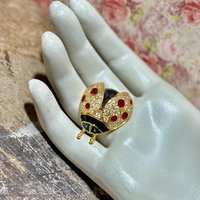 ROMAN signed Lady Bug Pin Brooch, vintage 1980s enamel rhinestone brooch, gold red green figural bug pin