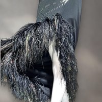 1970s vintage evening gown, Black bodycon one shoulder sheath gown, Thigh high slit with Ostrich Feathers